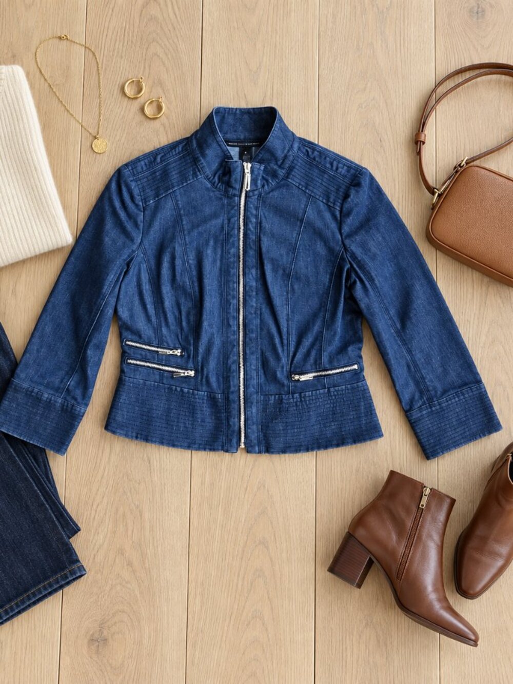 ✨White House Black Market Indigo Zip Moto Denim Jacket Cropped 3/4 Sleeve 6✨